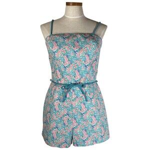 Vintage SEA WAVES women Floral Playsuit Beach Romper Sz 12 Pink Blue Lined